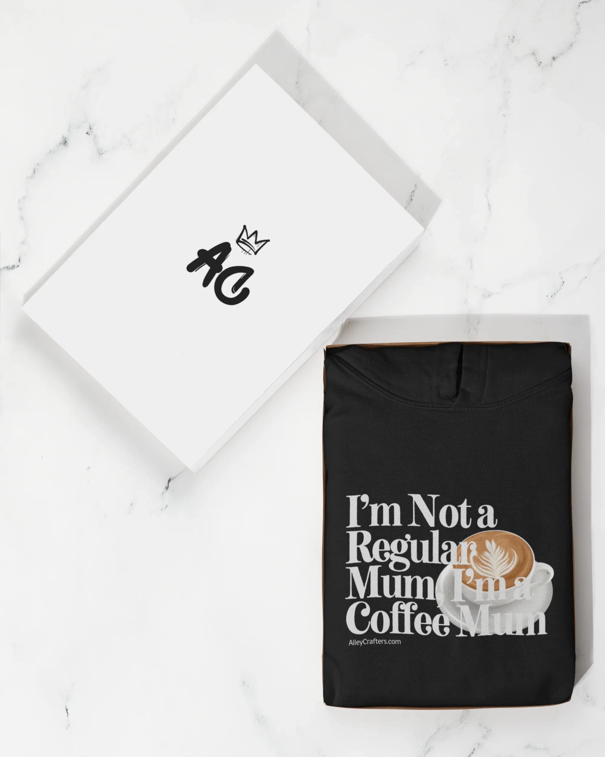 Black hoodie sweatshirt with hood and front “Not a Regular Mum, Coffee Mum” print