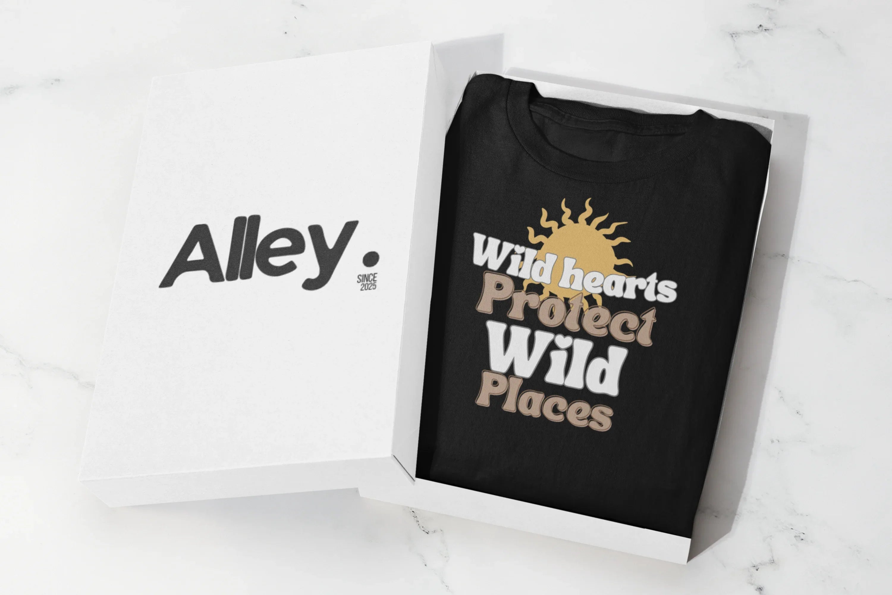Black crewneck sweatshirt with “Wild hearts Protect Wild Places” graphic on chest