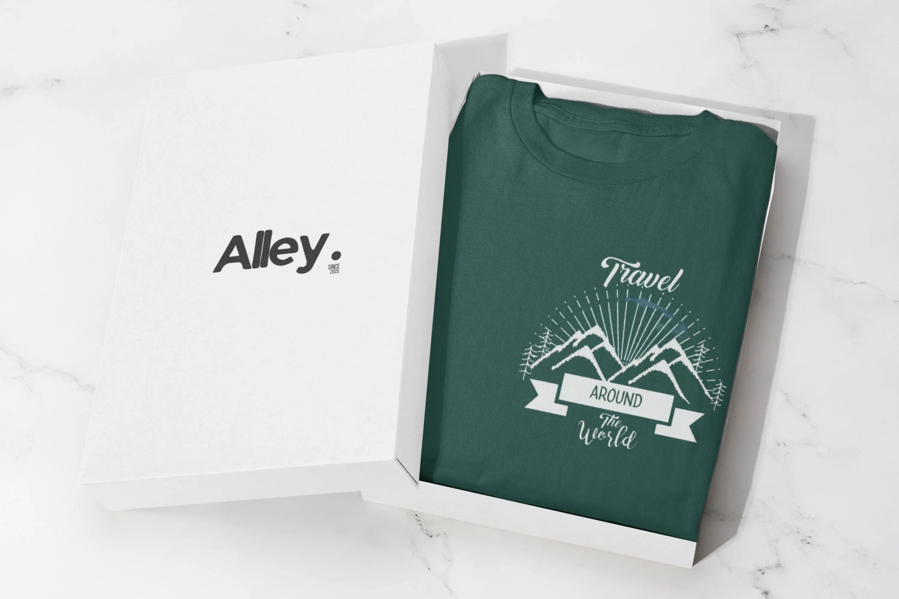 Folded green crewneck sweatshirt with centered chest adventure graphic