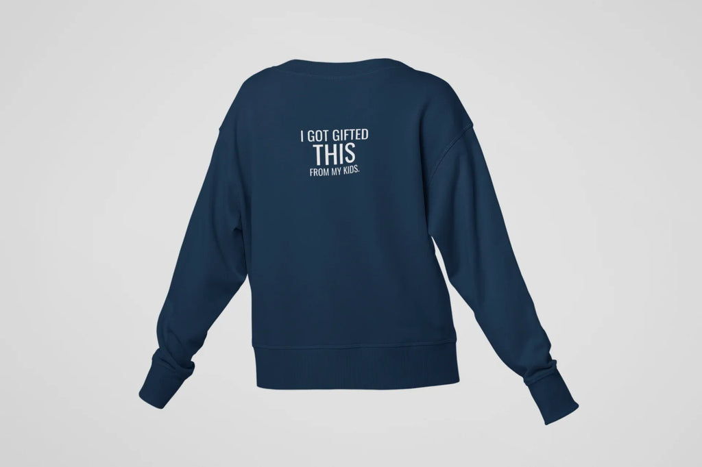 Navy crewneck sweatshirt back with "I got gifted this" text at center