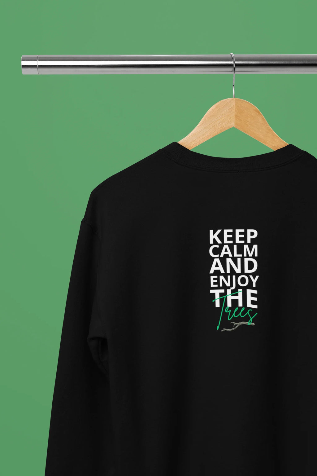 Black sweatshirt back view with centered KEEP CALM AND ENJOY THE waves logo