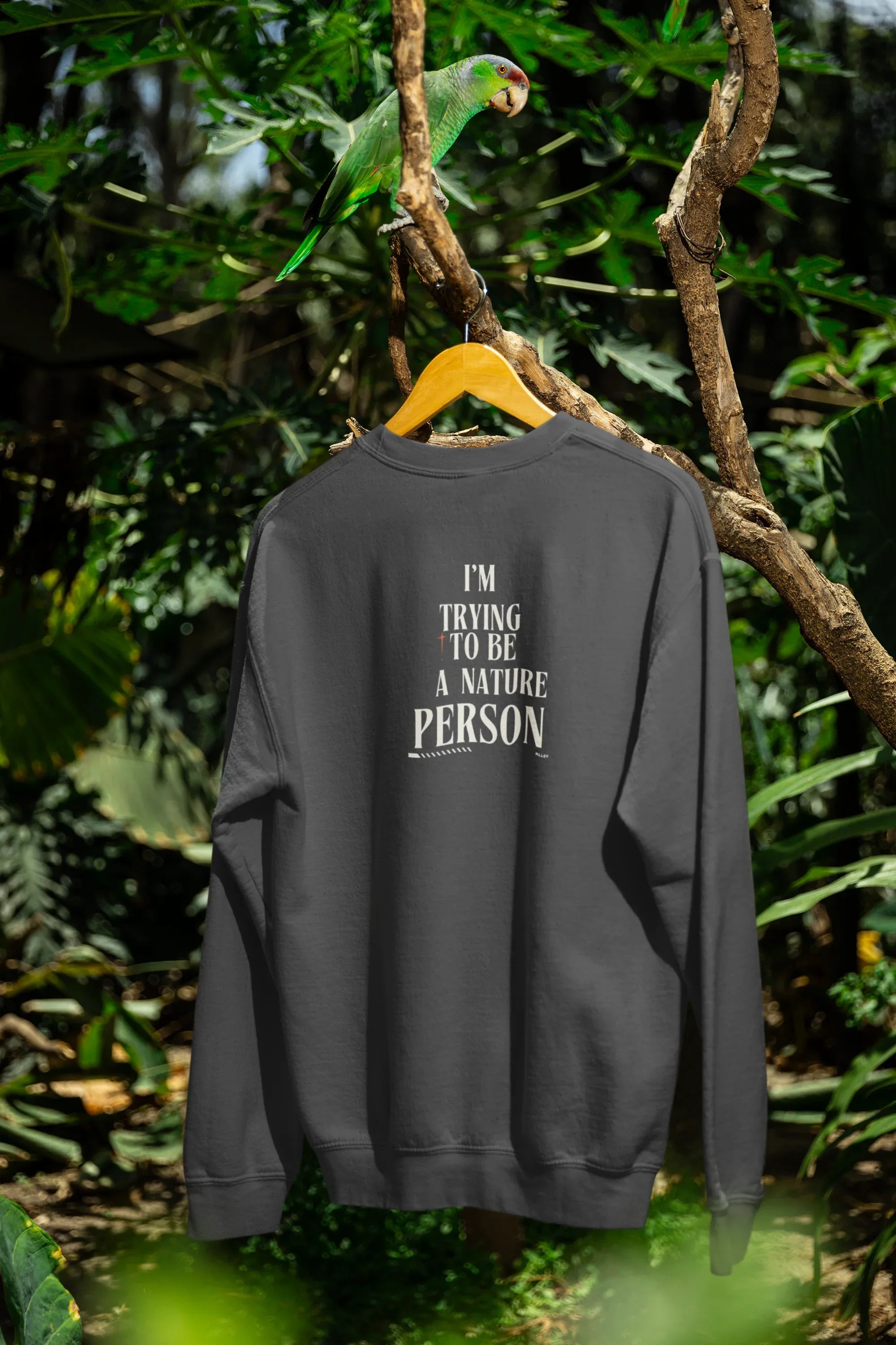 Charcoal gray sweatshirt back view with 'I'm Trying to Be a Nature Person' text