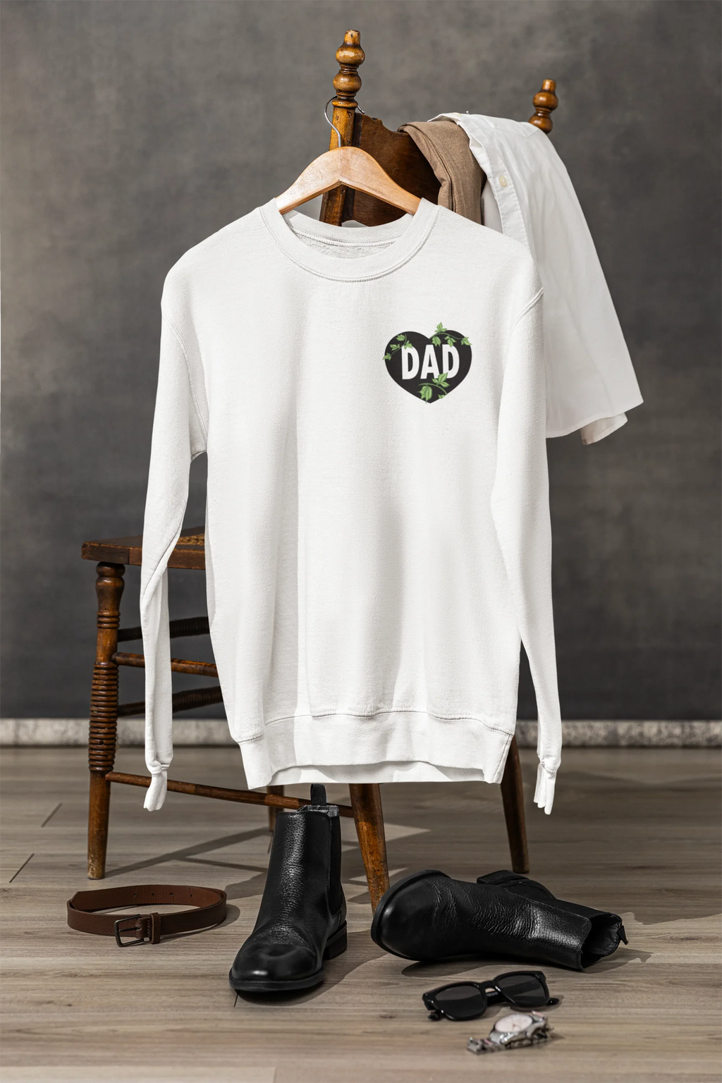 White crewneck sweatshirt with DAD heart logo on chest