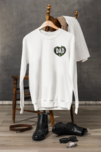 White crewneck sweatshirt with DAD heart logo on chest