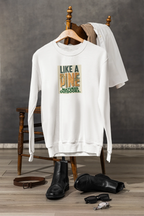 White sweatshirt with front crew neck and “Like a Pine” square logo print