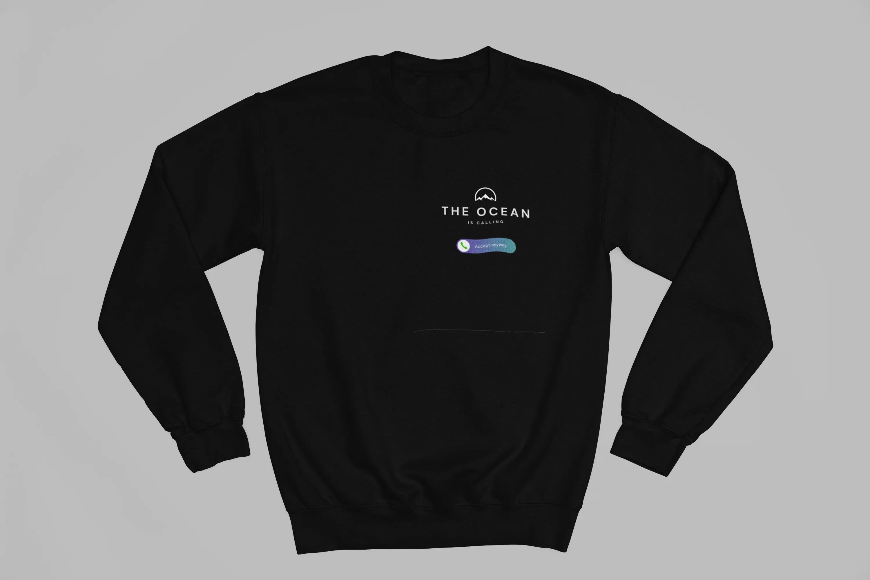 Black crewneck sweatshirt back view with The Ocean logo badge