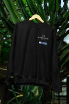 Black sweatshirt with Freedom printed text and badge on chest