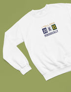 White sweatshirt with dad jokes slogan graphic on chest