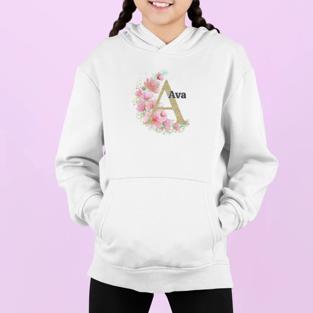 White kids hoodie with hood and floral letter Ava graphic