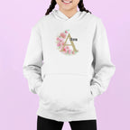 White kids hoodie with hood and floral letter Ava graphic