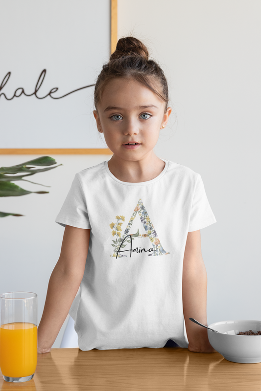 Kids Tee - Personalised Name Floral Initial Design