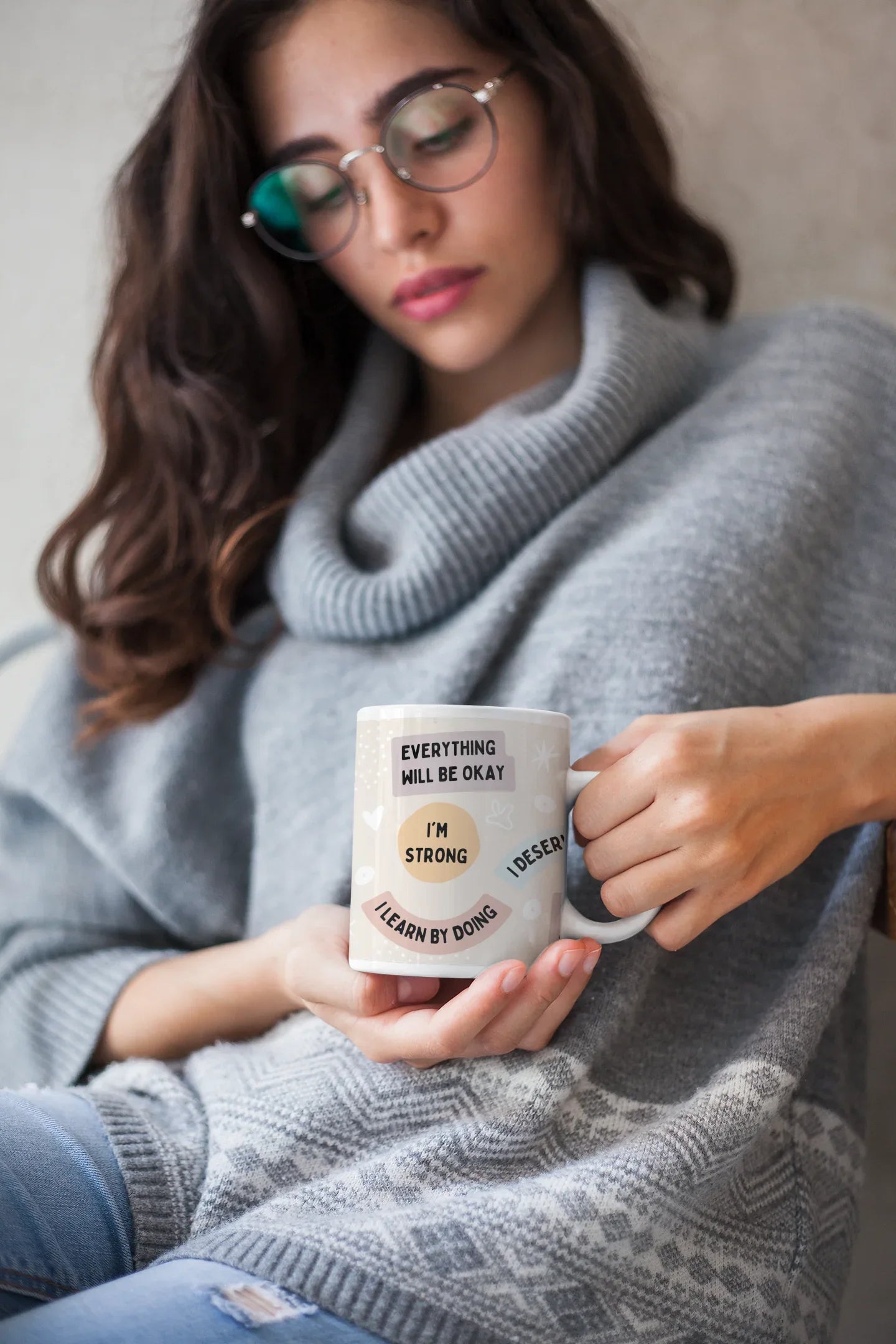 White ceramic mug with 'Everything will be okay' and 'I'm strong' printed on front