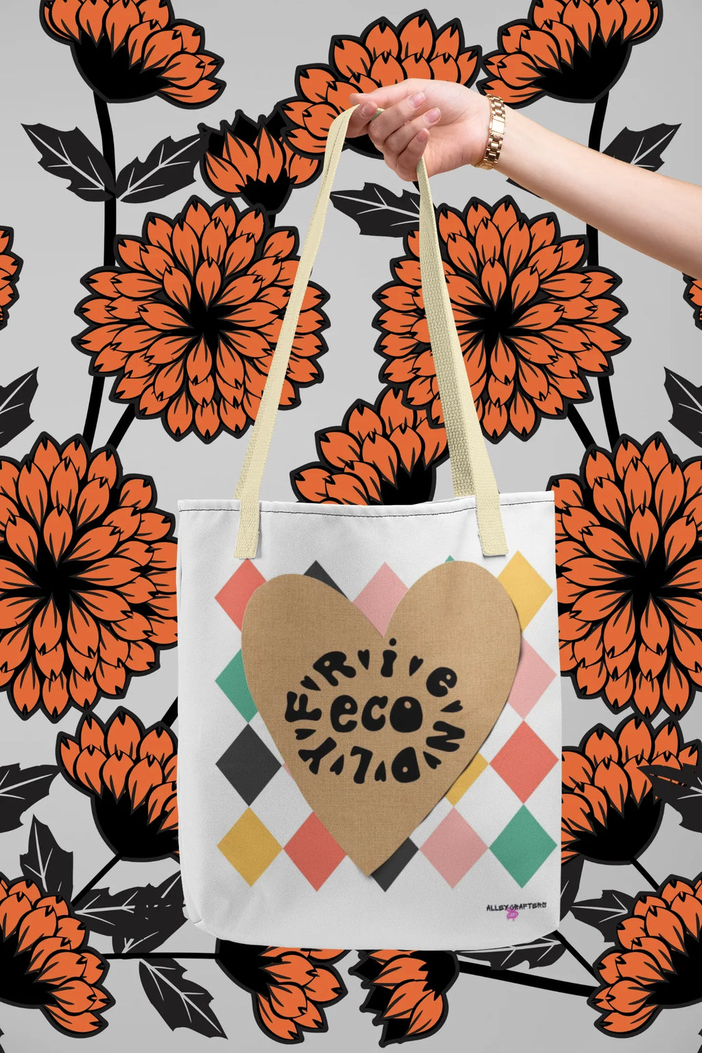 Heart-print tote bag with tan heart graphic and multicolor diamonds, white canvas, cream handles