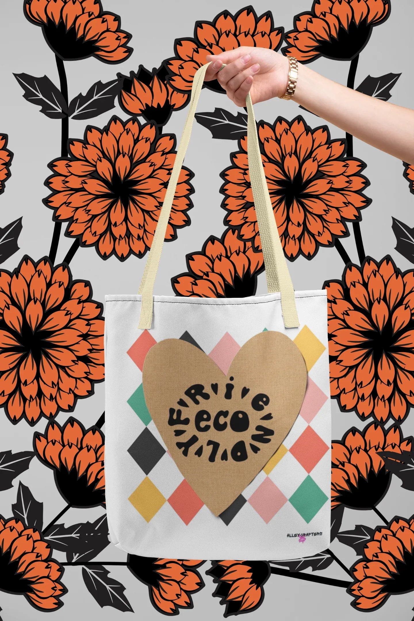 Heart-print tote bag with tan heart graphic and multicolor diamonds, white canvas, cream handles