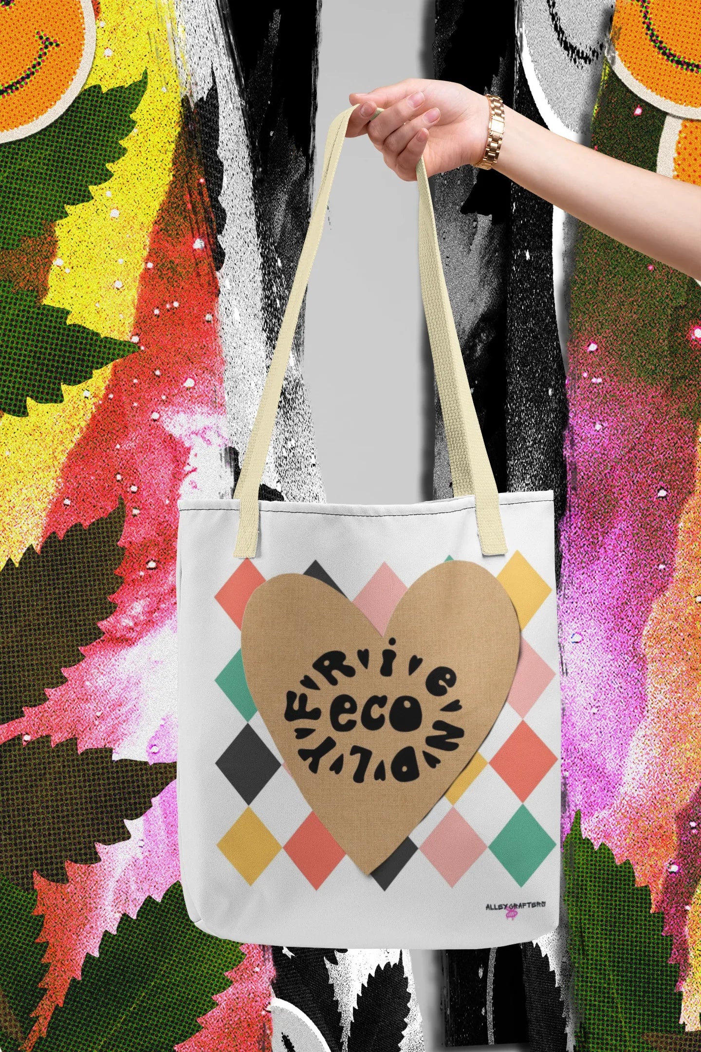 Heart-print tote bag with tan heart graphic and multicolor diamonds, white canvas, beige handles