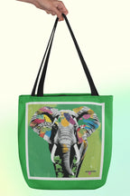 Green tote bag with elephant pop art image and black double top handles