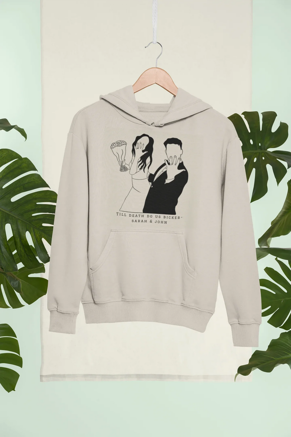 Personalised sand hoodie with hood and kangaroo pocket, couple line-art graphic on chest