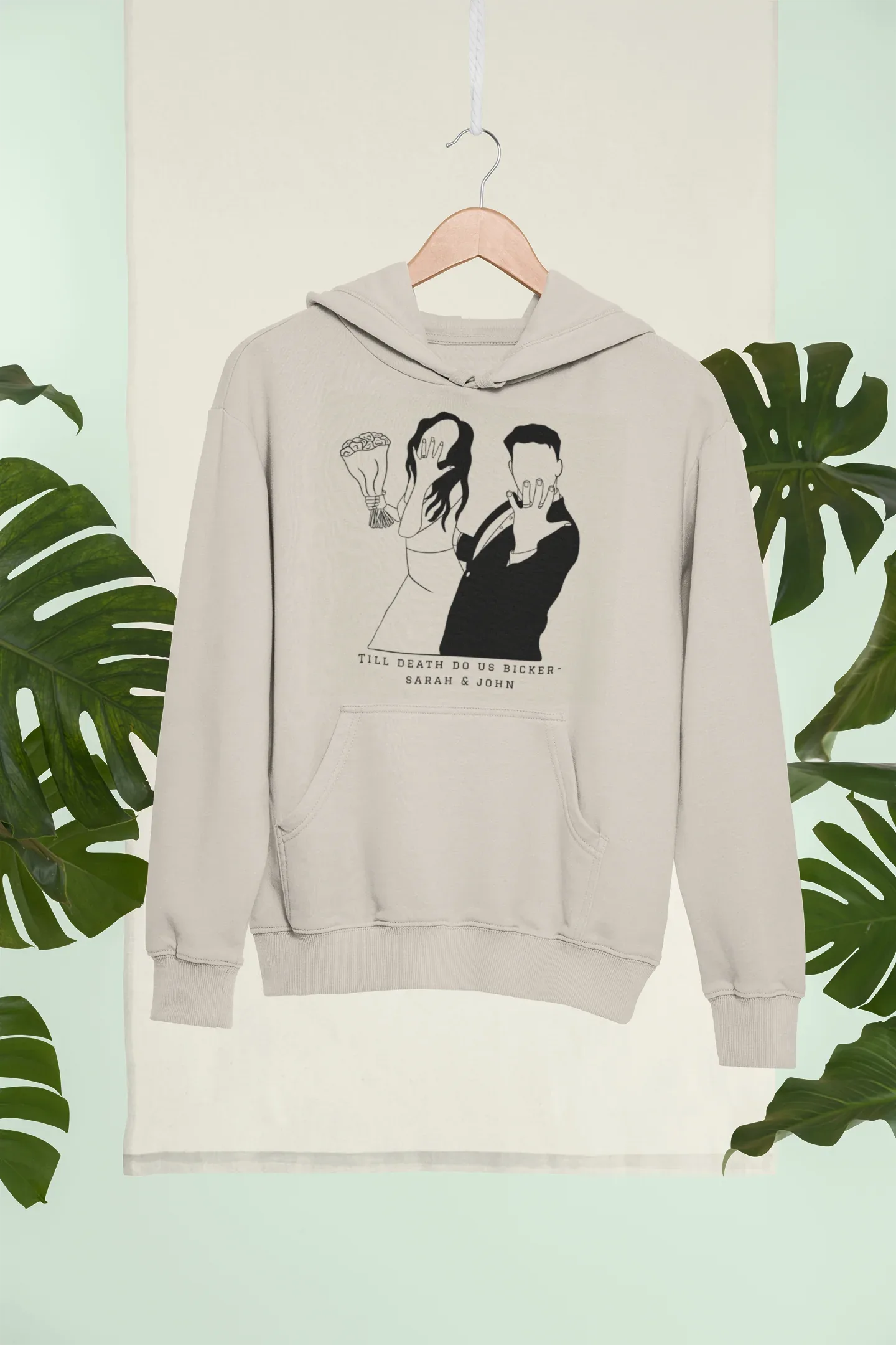 Personalised sand hoodie with hood and kangaroo pocket, couple line-art graphic on chest