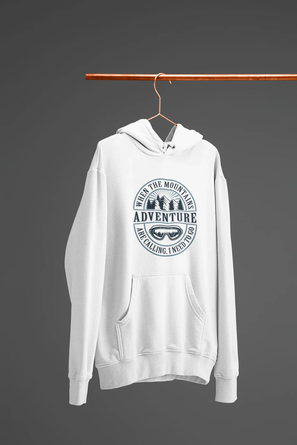 White pullover hoodie on hanger with hood, kangaroo pocket, and circular “Adventure” logo.