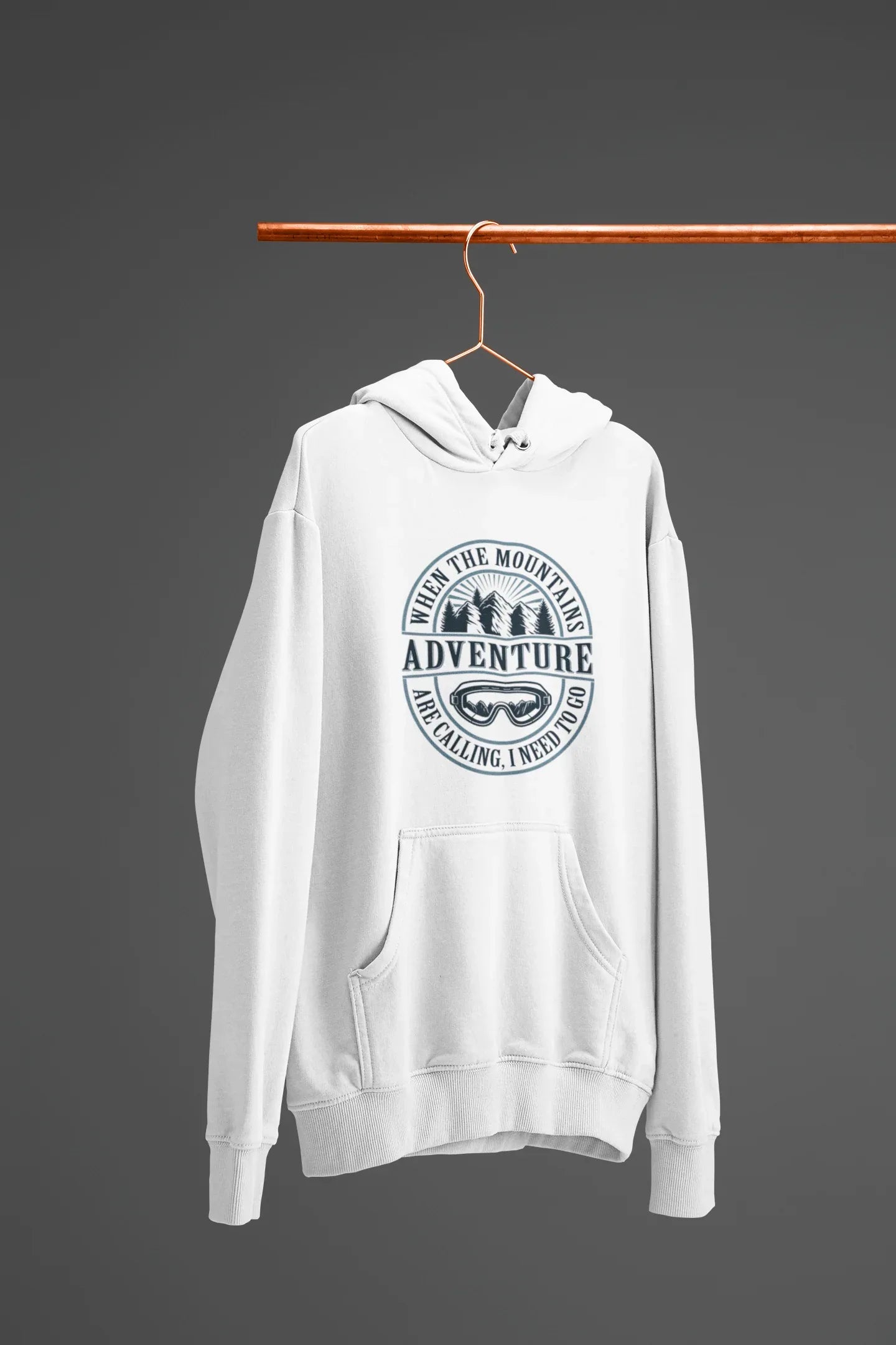 White pullover hoodie on hanger with hood, kangaroo pocket, and circular “Adventure” logo.