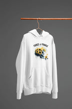 White hooded sweatshirt on hanger with front graphic skull and flower design, front pouch pocket.