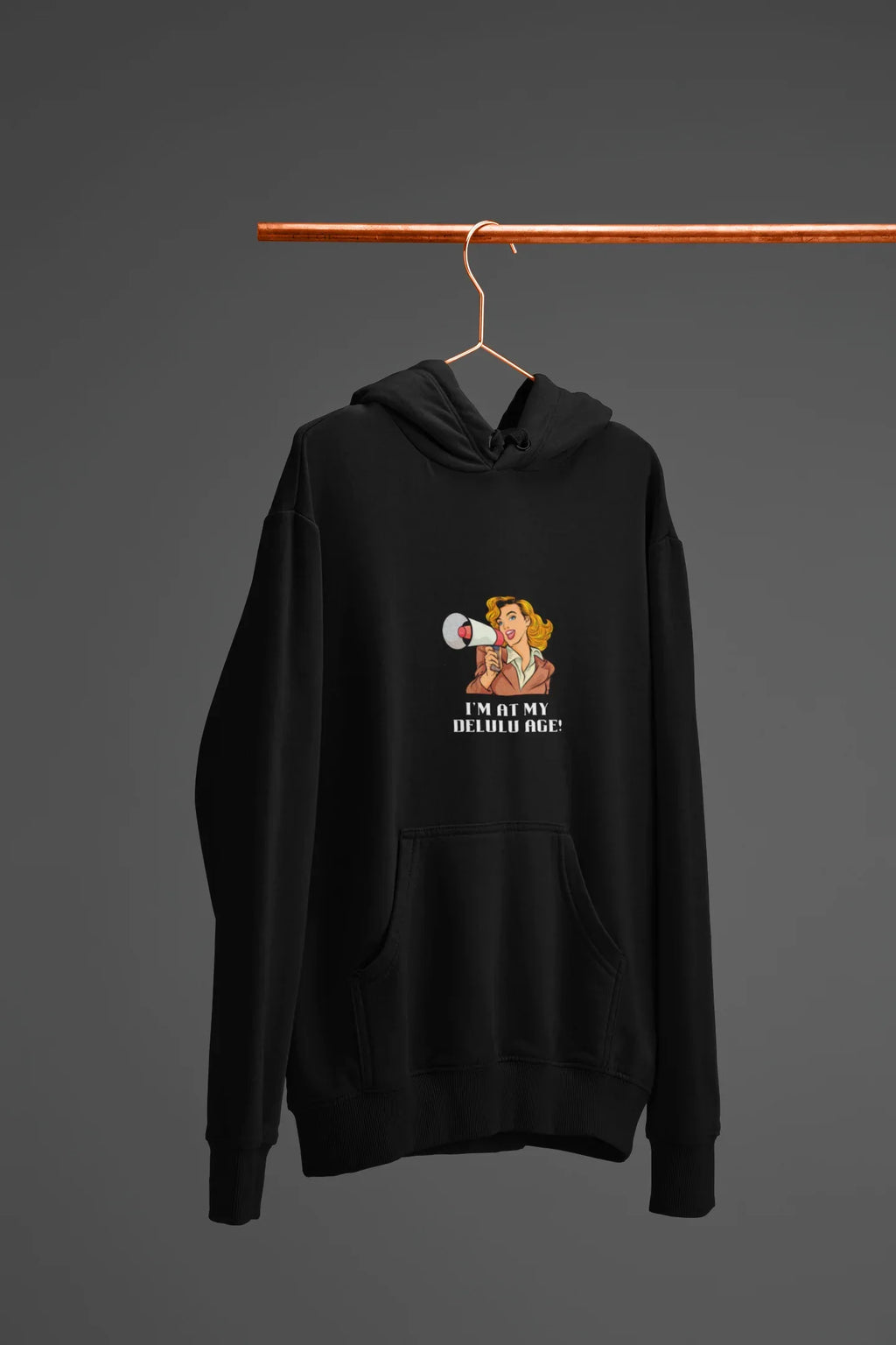 Black hooded sweatshirt with front pocket and small chest graphic design