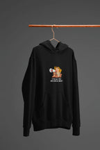 Black hooded sweatshirt with front pocket and small chest graphic design