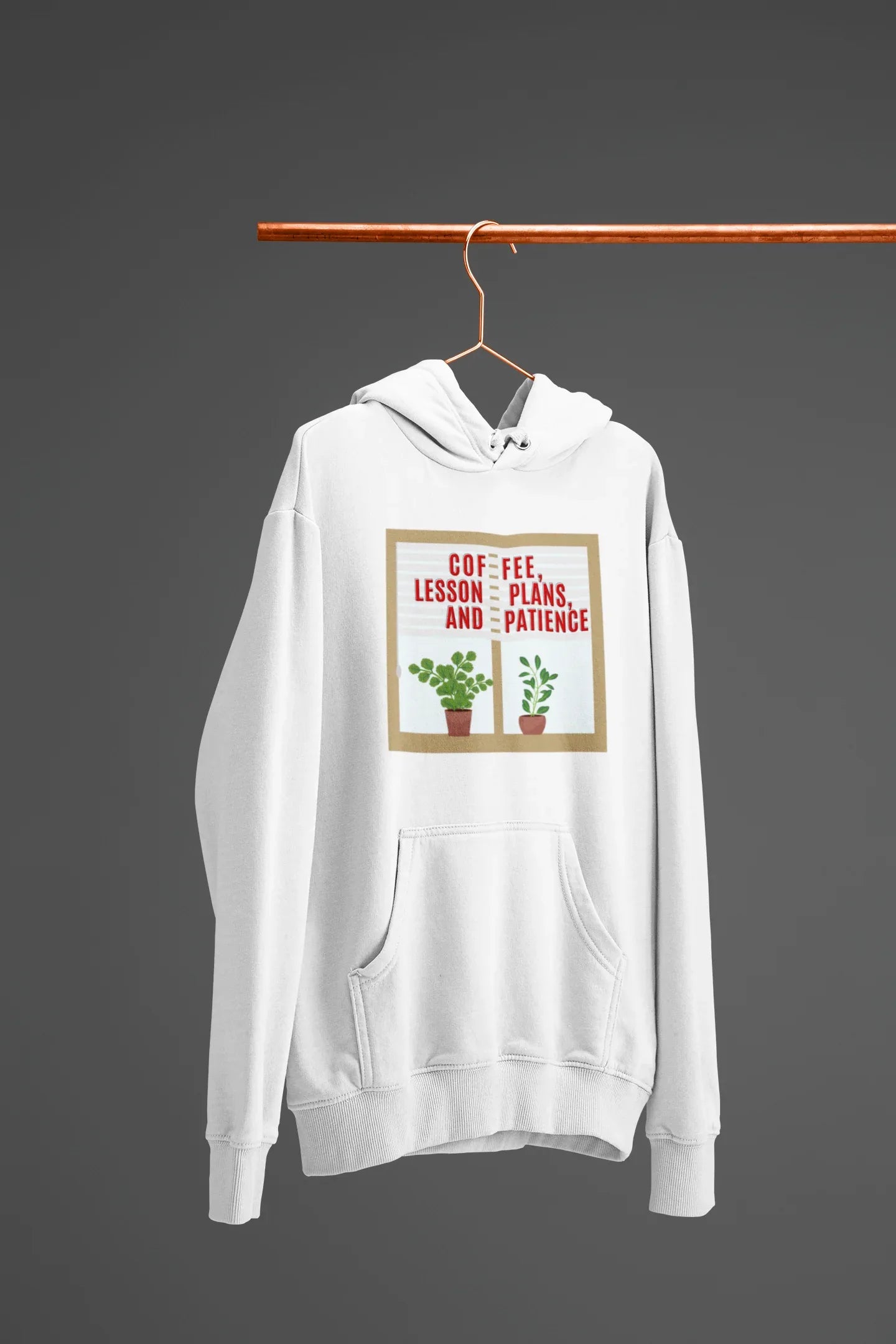 White pullover hoodie on hanger with hood and front pocket, featuring potted plants graphic