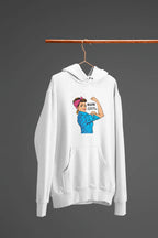 White Mum of the Year hoodie sweatshirt hanging, showing front graphic print