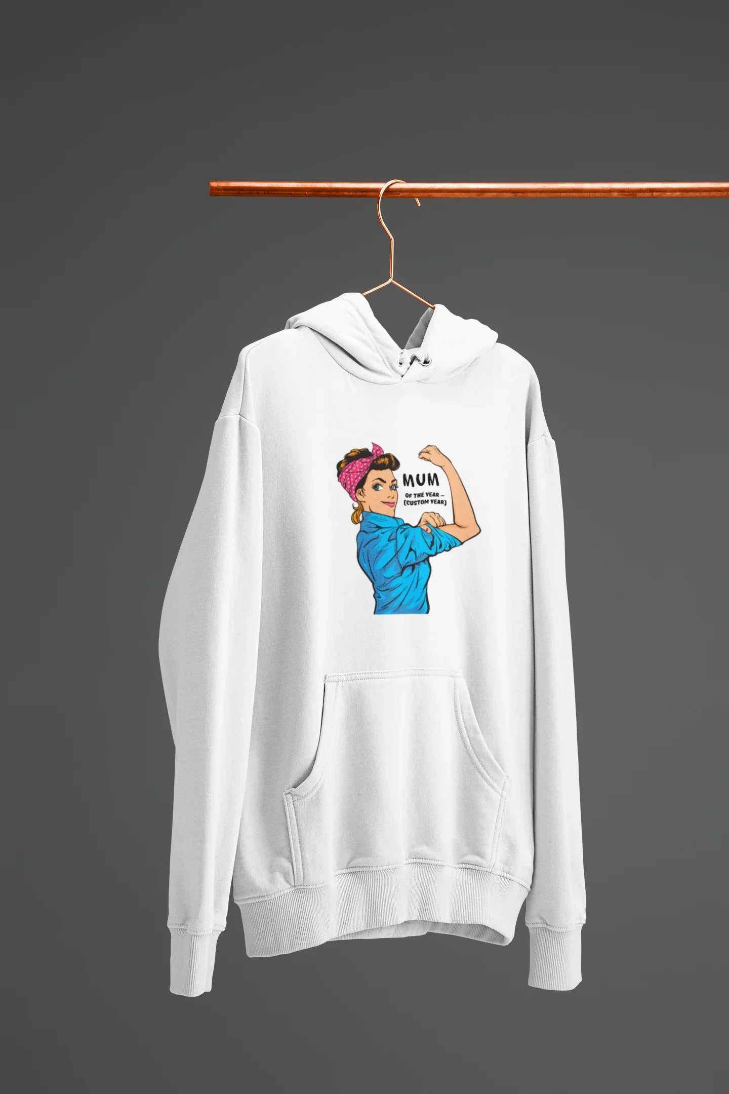 White Mum of the Year hoodie sweatshirt hanging, showing front graphic print