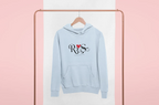 Light blue hoodie with heart monogram graphic on chest, kangaroo pocket, front view