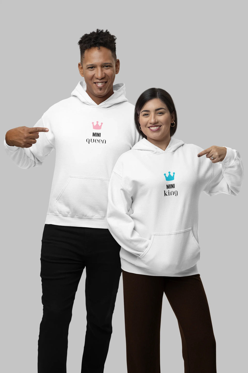 White hooded sweatshirts with crown chest prints reading 'Mini Queen' and 'Mini king'