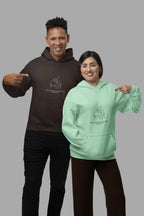 Dark chocolate hooded sweatshirt with couple graphic on chest, worn with pants