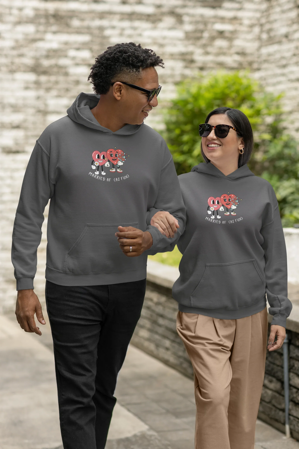 Charcoal hoodie sweatshirt with kangaroo pocket and hood, front cartoon heart graphic