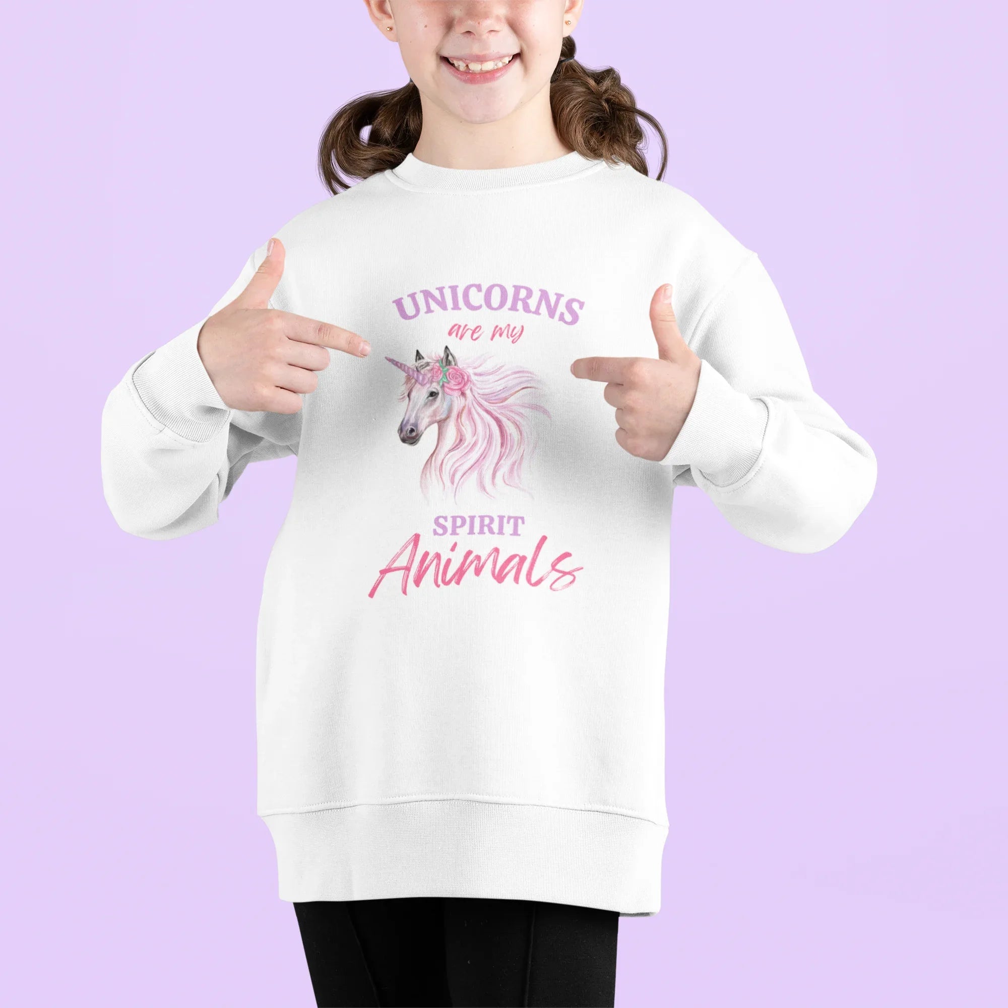 Kids white sweatshirt with unicorn face and "Spirit Animals" text graphic