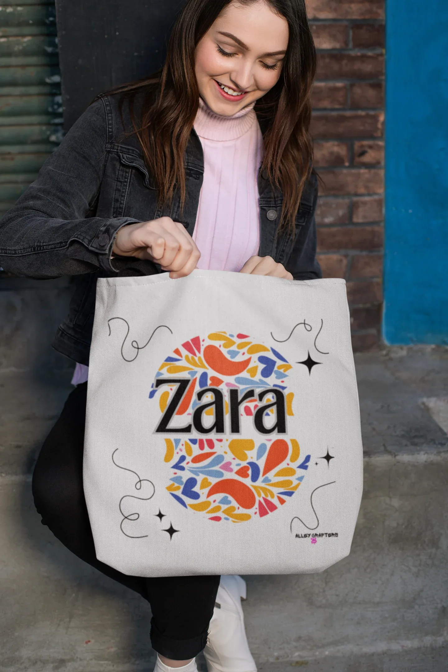 Personalized floral tote bag, white with black handles and “Zara” heart design.