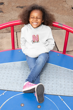 White kids hoodie with hood, front pocket, and pink donut graphic on the chest.