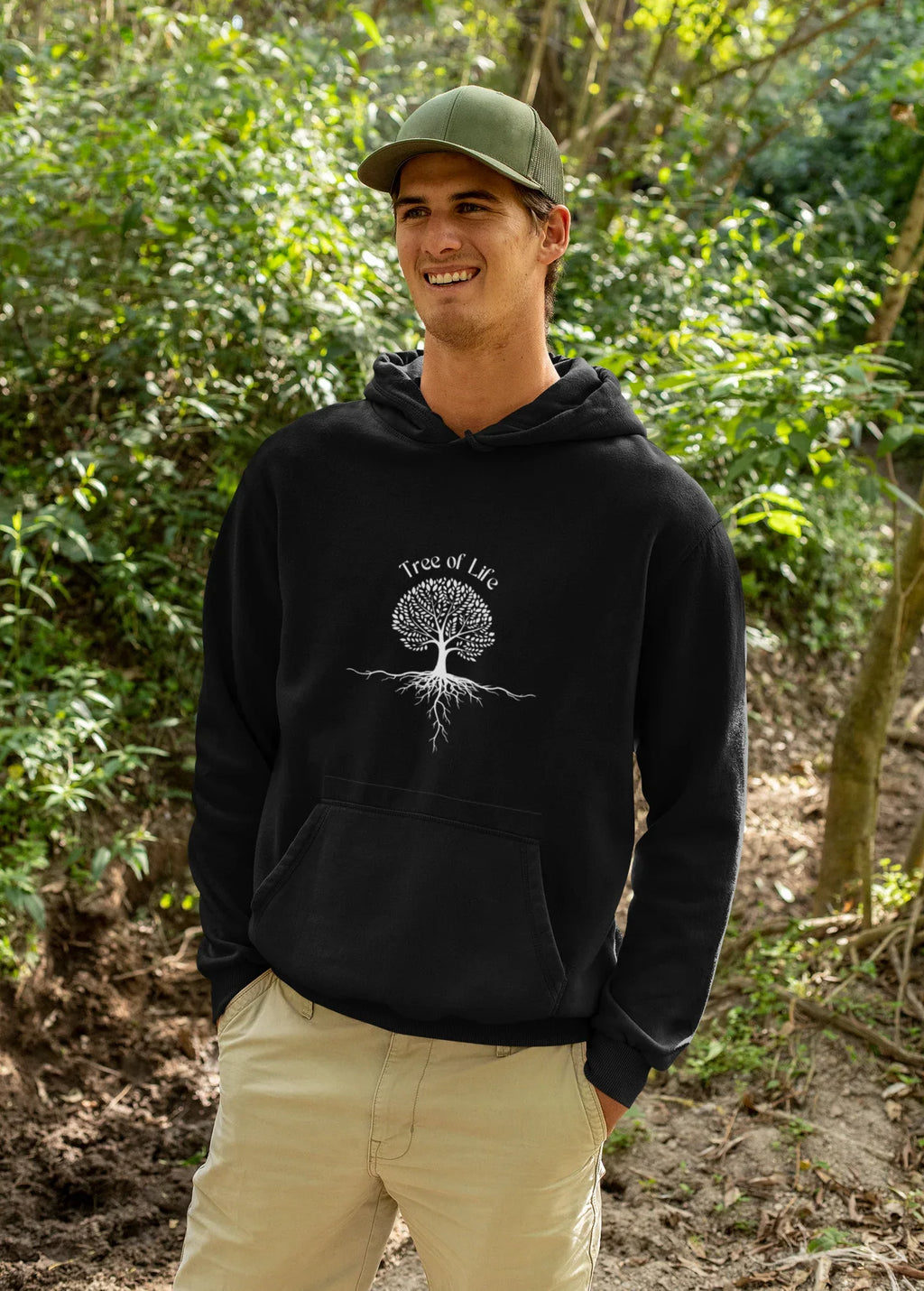 Black hoodie sweatshirt with Tree of Life tree graphic, front pocket, and hood
