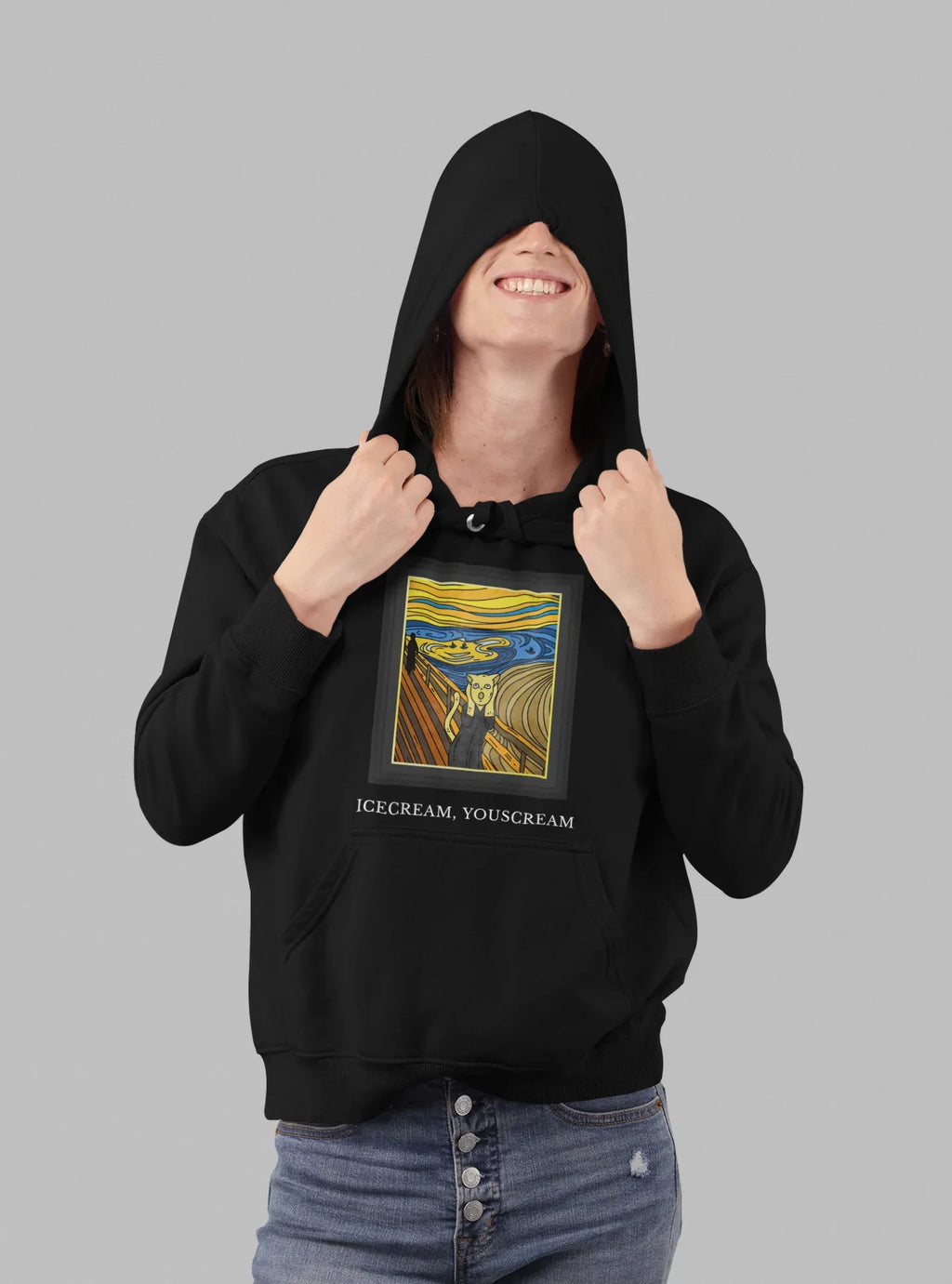 Black pullover hoodie with hood, colorful square graphic on chest and ICECREAM text.