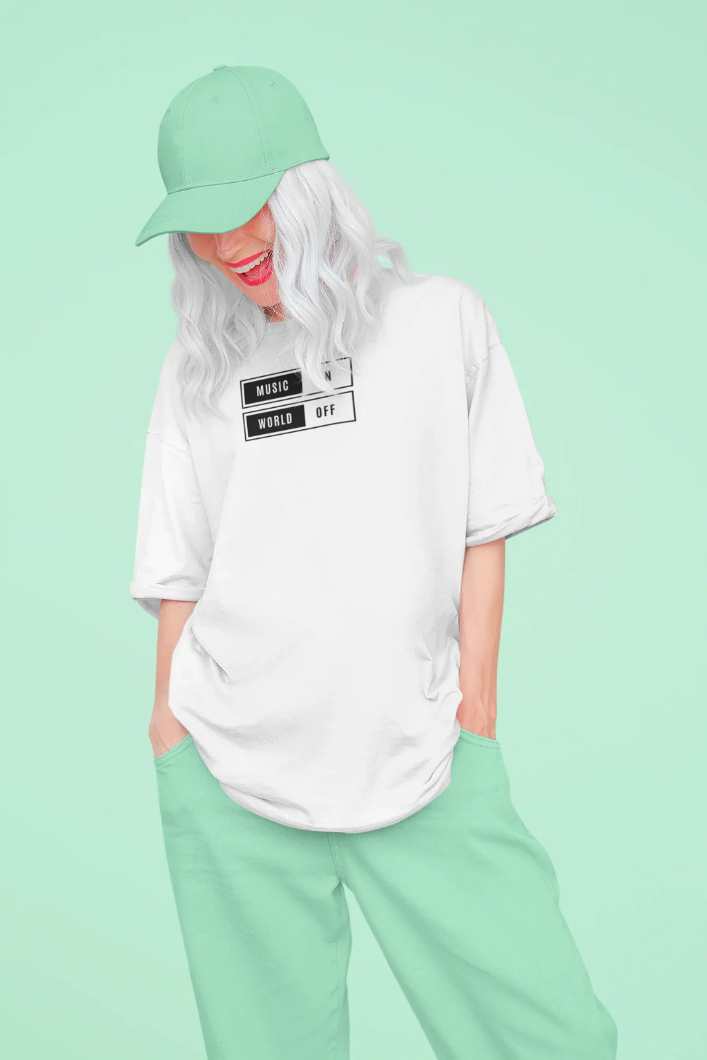 White unisex T-shirt with “Music On / World Off” chest graphic