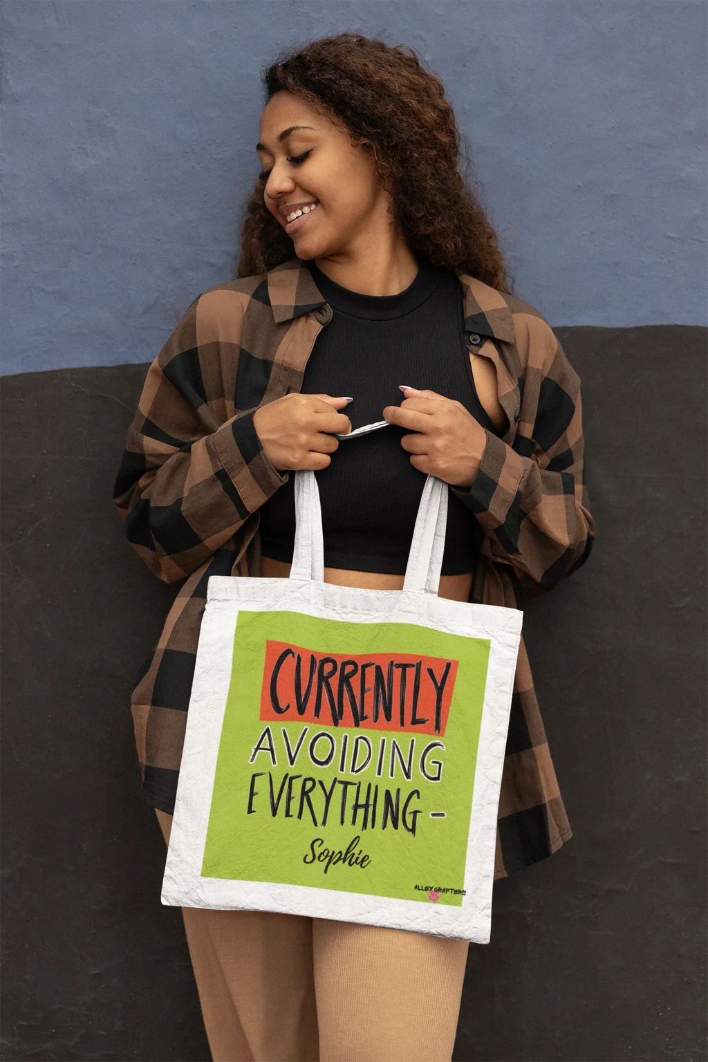 White canvas tote with lime green front panel and 'Currently Avoiding Everything-' text, Sophie