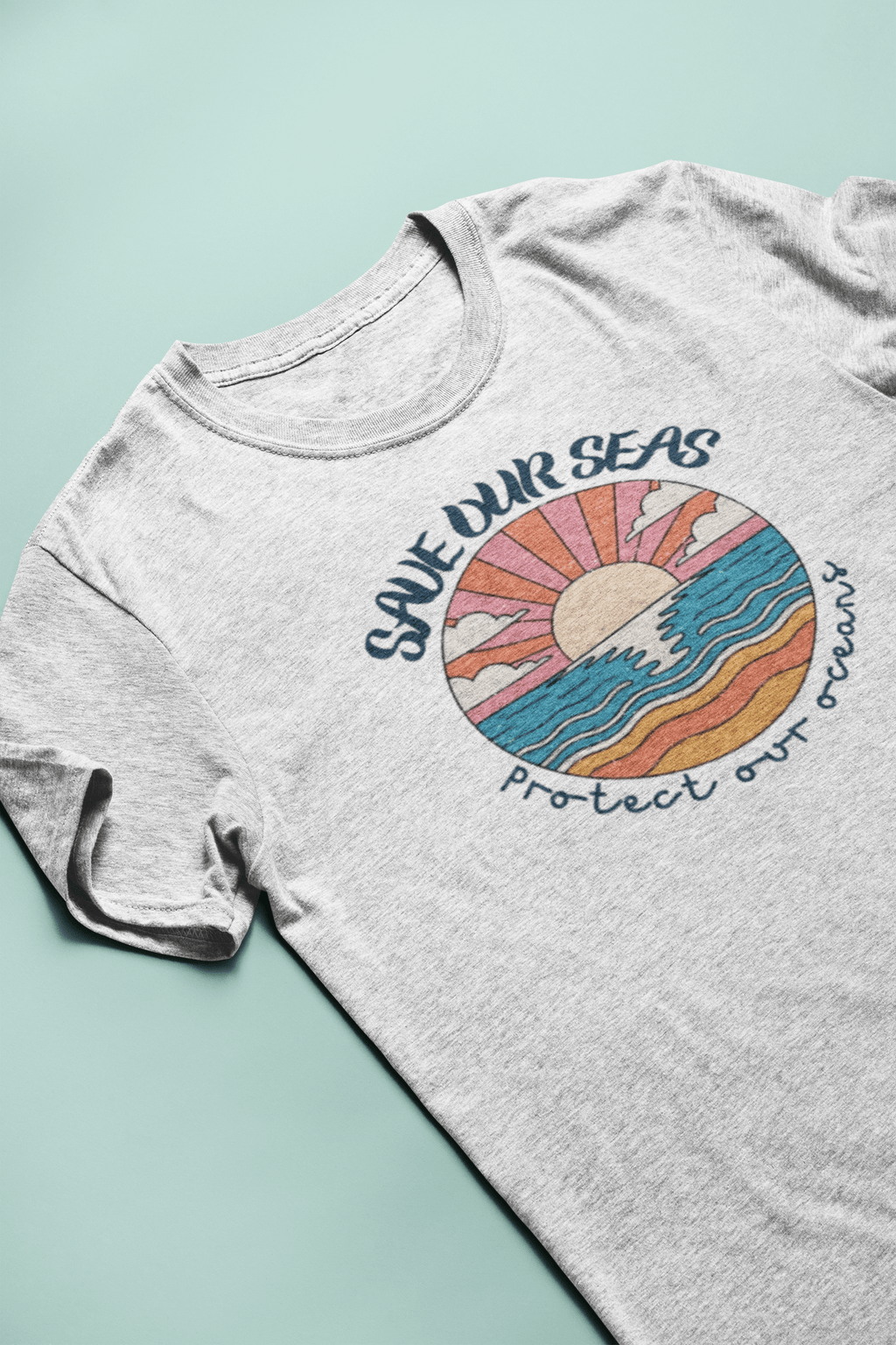 Save Our Seas T-Shirt | Retro Sunset Ocean Conservation Tee UK - AlleyCrafters
