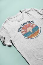 Save Our Seas T-Shirt | Retro Sunset Ocean Conservation Tee UK - AlleyCrafters