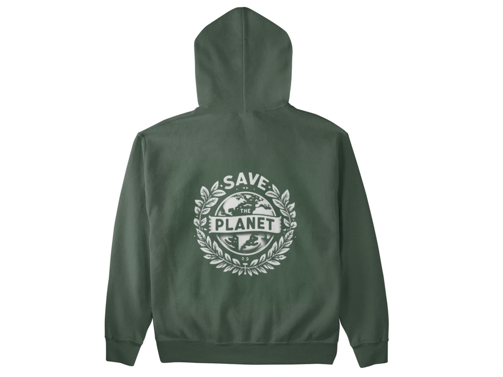Forest green hooded sweatshirt with SAVE THE PLANET wreath graphic on back