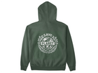 Forest green hooded sweatshirt with SAVE THE PLANET wreath graphic on back