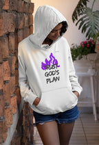 White pullover hoodie with hood, front pouch pocket, and purple flame-style text graphic.