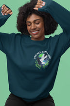 Teal sweatshirt with dove nature logo printed on chest, crew neck, long sleeves