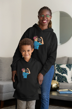 Black Mum of the Year hoodie sweatshirt worn by adult and child, front graphic visible