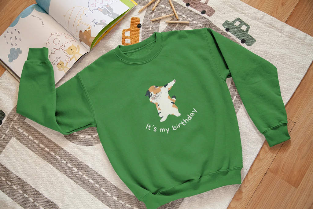 Kids sweatshirt, green crewneck with dabbing cat “It’s my birthday” print