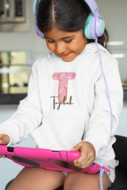 White kids hoodie with hood, front pocket, and pink donut graphic on the chest.